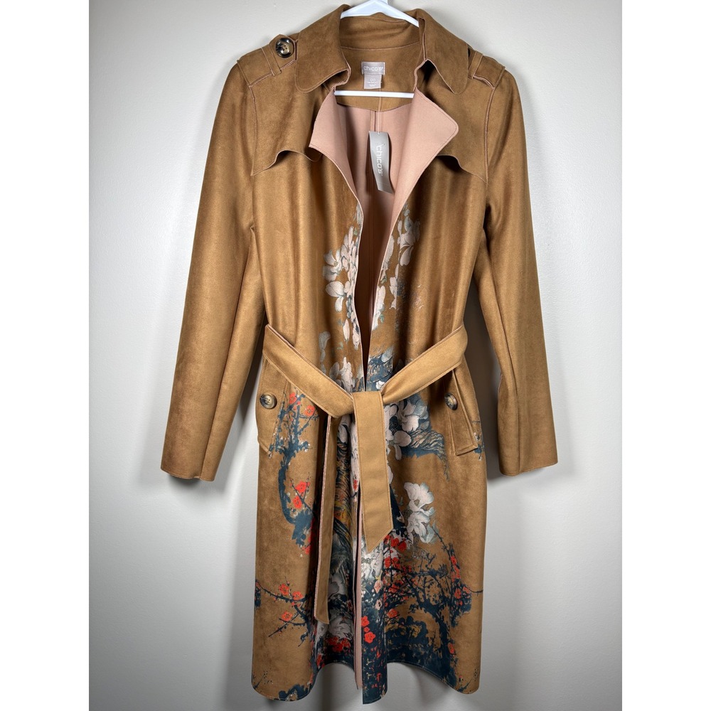Chico's Scuba Suede Trench Coat Floral Tiger Print Brown Size 00 XS New Artsy - Picture 4 of 16